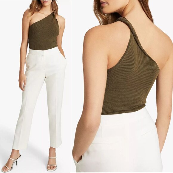 Reiss Tops - REISS Thea Twist One Shoulder Top Size L Khaki Green Ribbed Stretch NEW $150